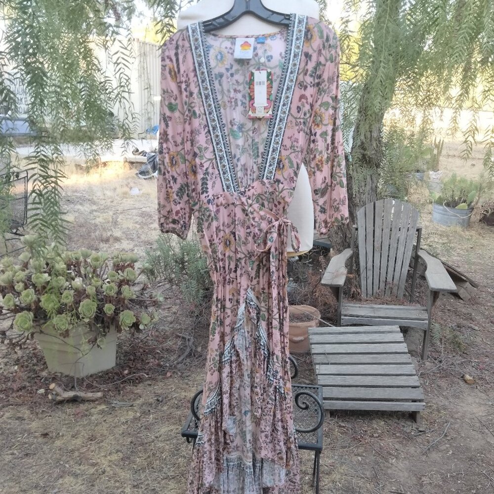 Anthropologie Farm Rio Clara Wrap Maxi Dress Size XS Pink Rose Ruffle Boho NWT
